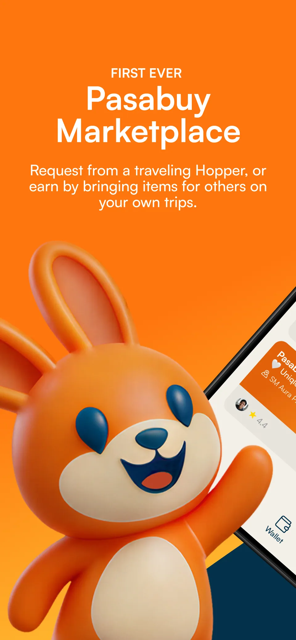 yayhop app intro: the first-ever Pasabuy marketplace, with Hoppa the bunny waving