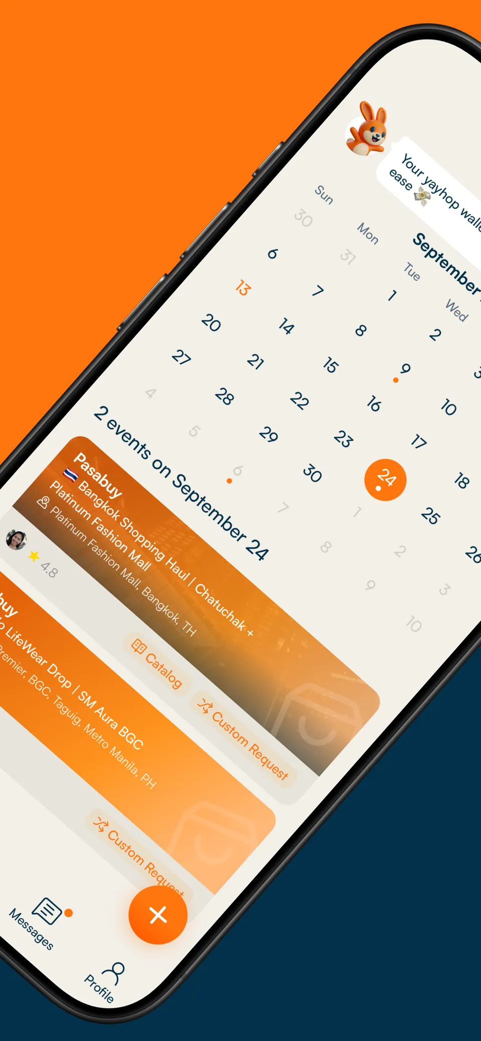 yayhop trip calendar showing upcoming pasabuy trips with Catalog and Custom Request options