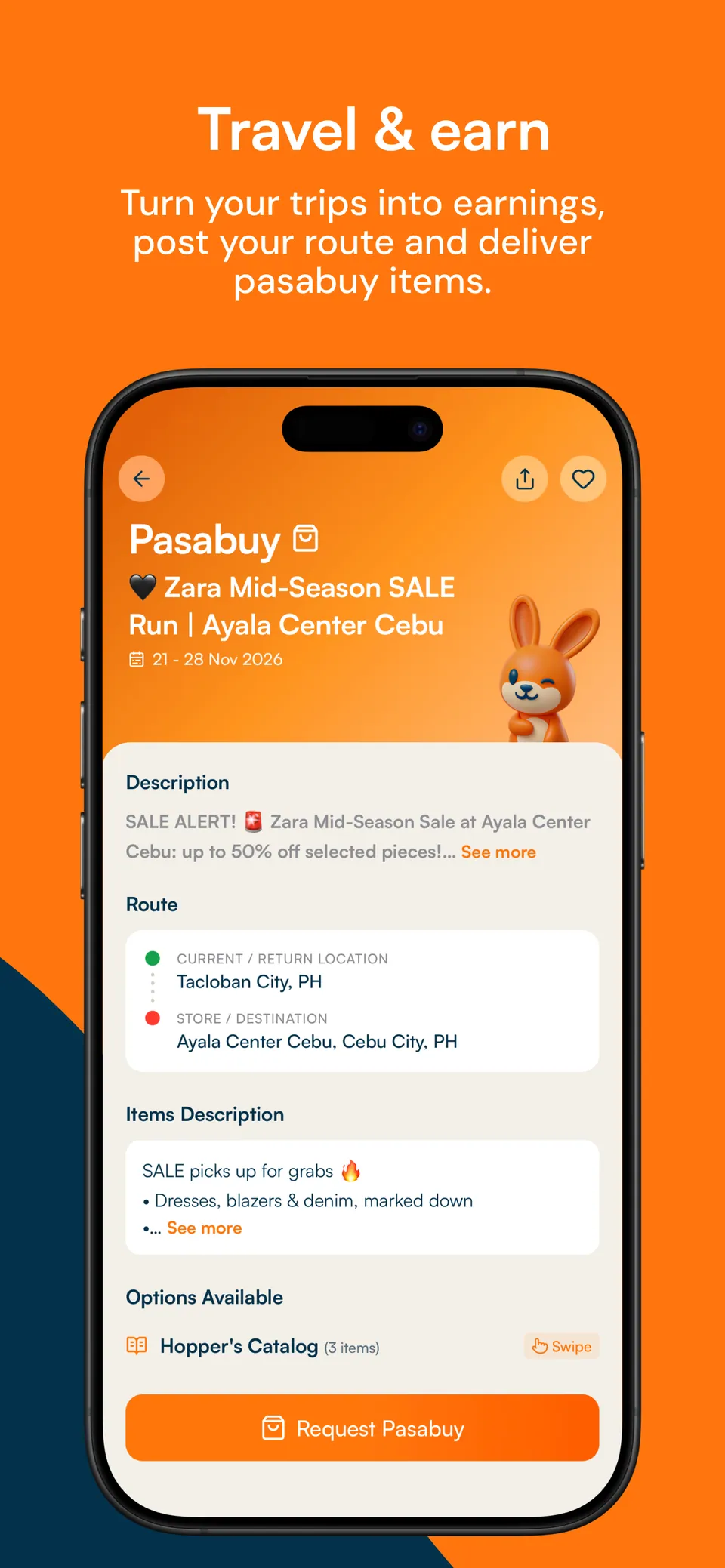 Travel and earn: a Hopper's pasabuy trip page with the route, item description and Request Pasabuy button