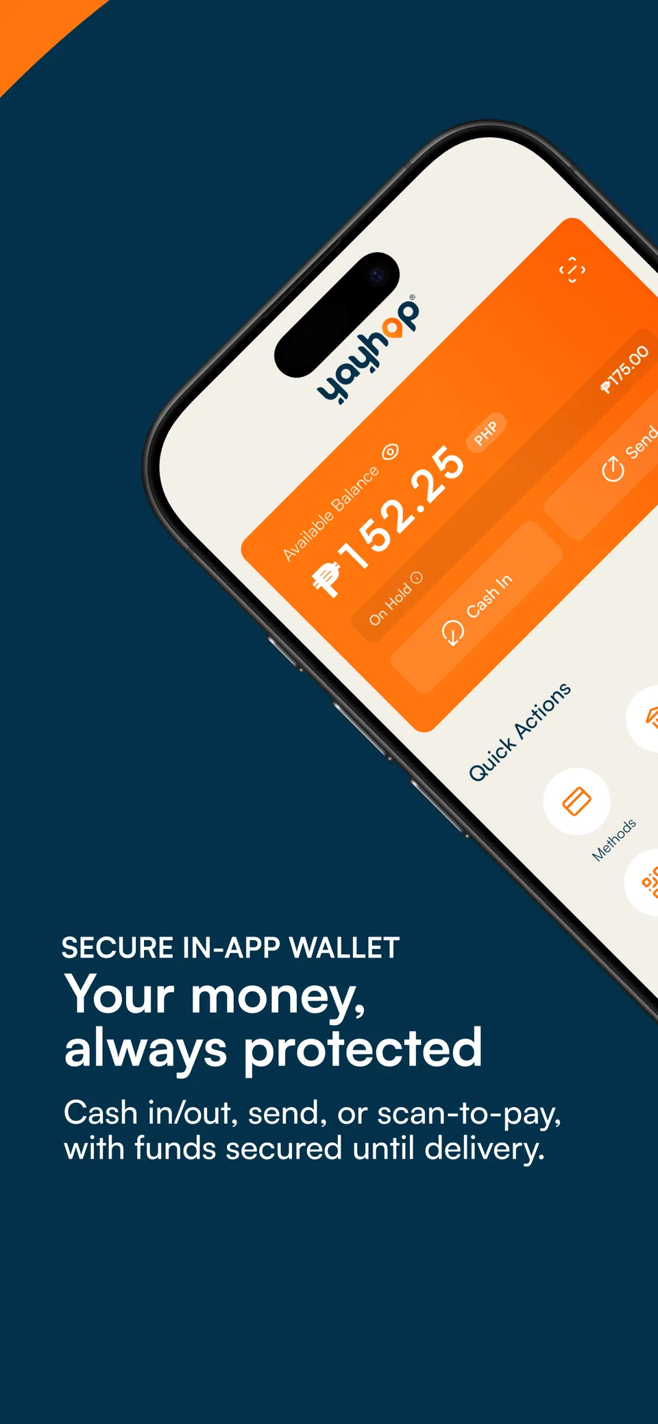 yayhop eWallet: available balance, on-hold amount and cash-in, with funds secured until delivery