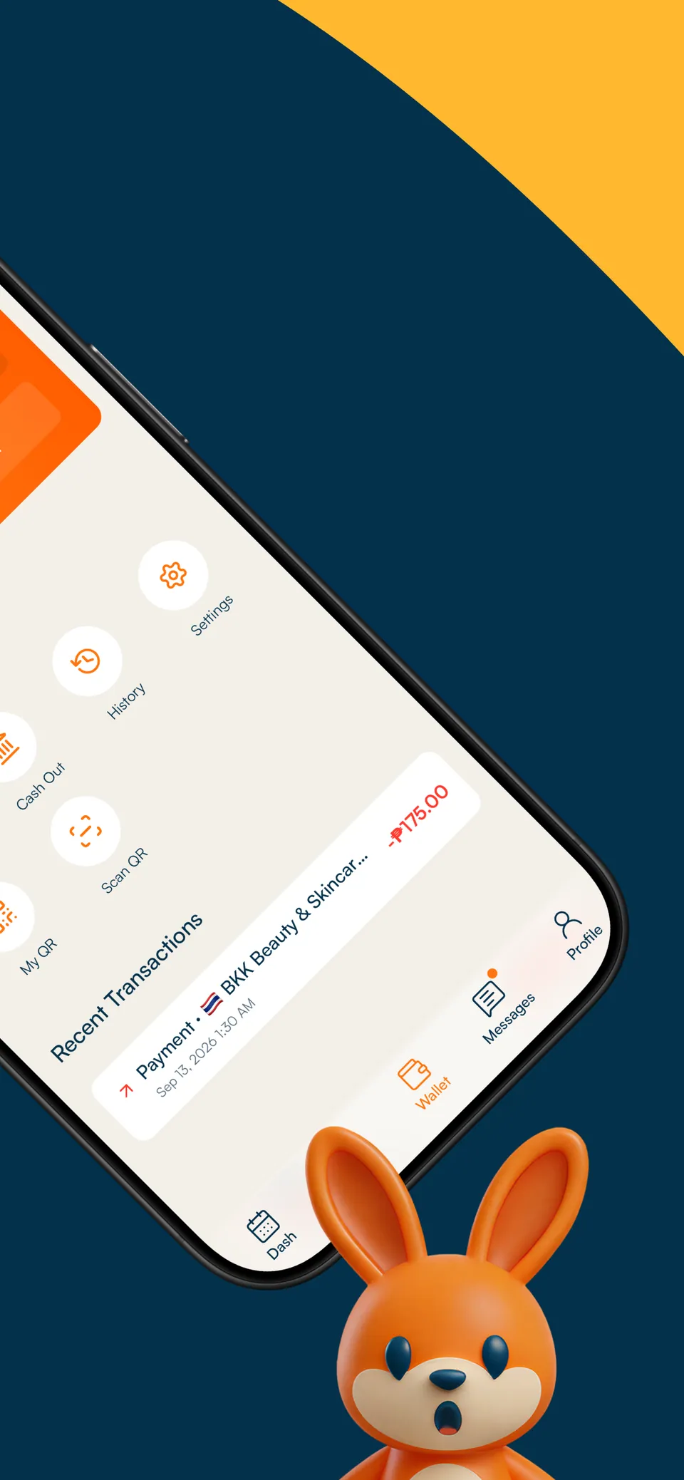 yayhop eWallet quick actions (cash out, scan QR, my QR, history) and recent transactions
