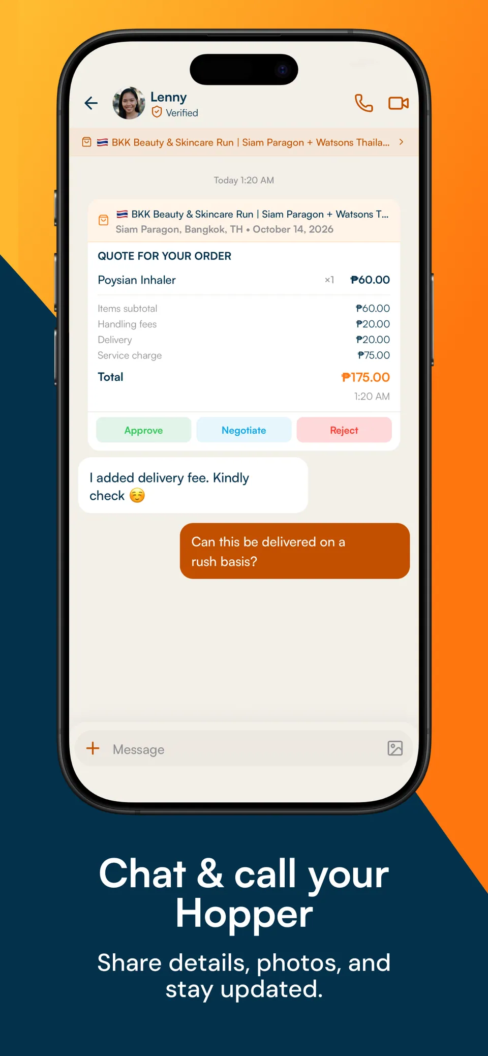 In-app chat with a verified Hopper showing a quote with item price, handling and delivery fees