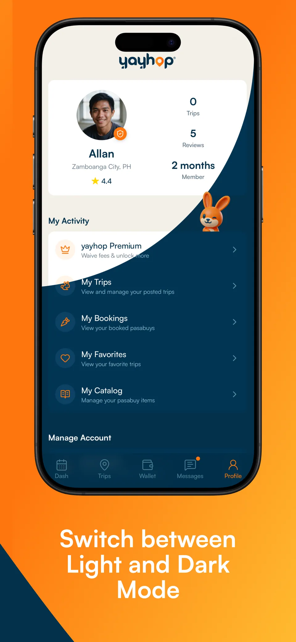 yayhop profile with trips, reviews and rating, shown in light and dark mode